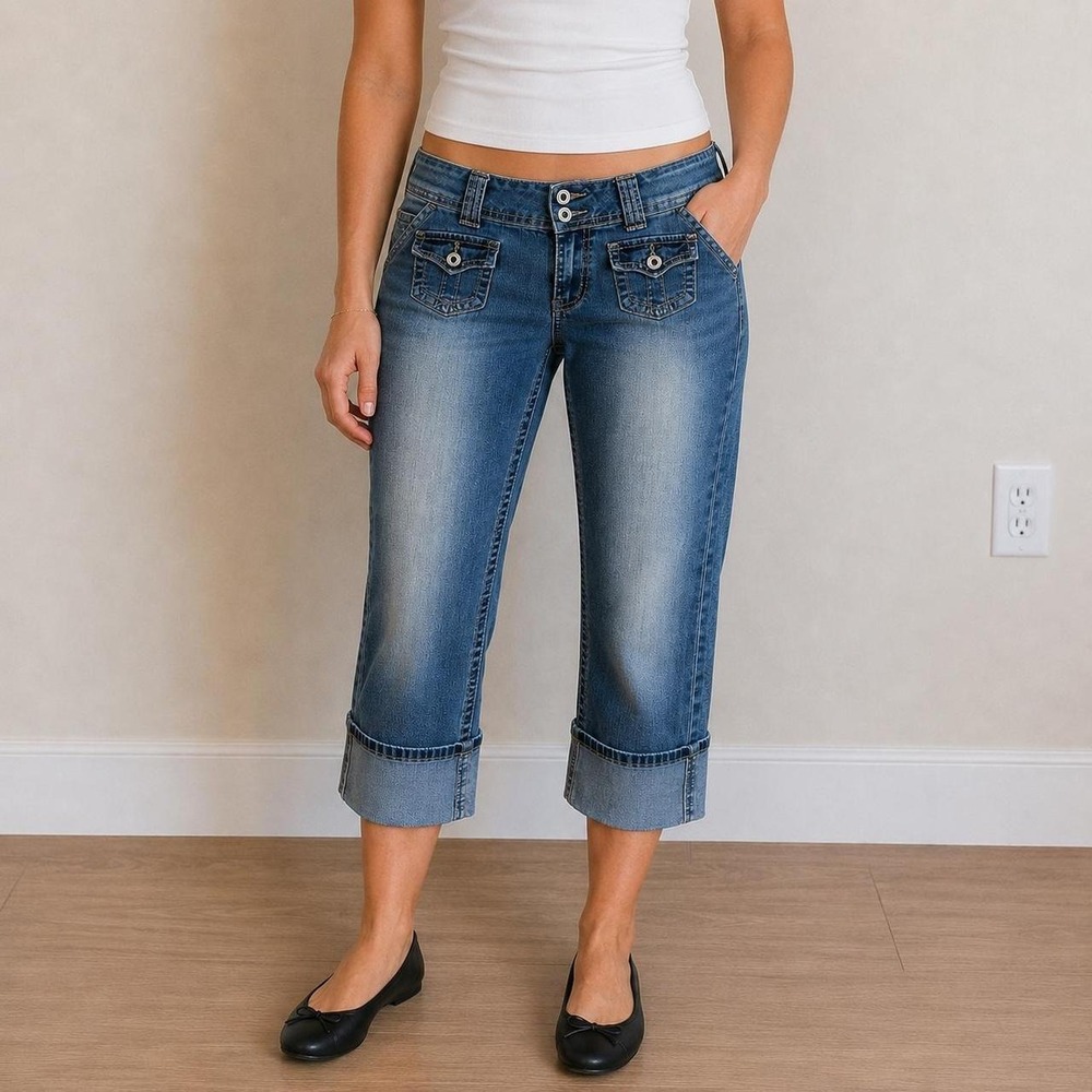 Angels Y2K Denim Capris Faded Medium Wash Denim Cuffs Women 8 Y2K Mcblingโ Indie